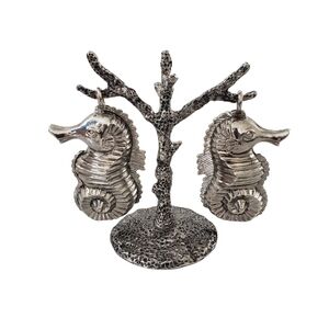 Pottery Barn Metal Salt & Pepper Shakers Seahorses On Coral Reef Stand